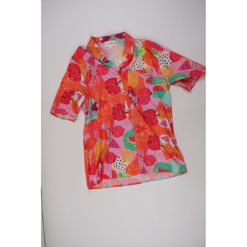 Love + Harmony Button Down Shirt Fruit Print Pink Orange Large